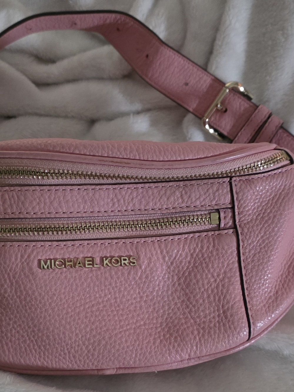 Michael Kors Pink Pebbled Leather Crossbody Belt Bag with Gold Hardware